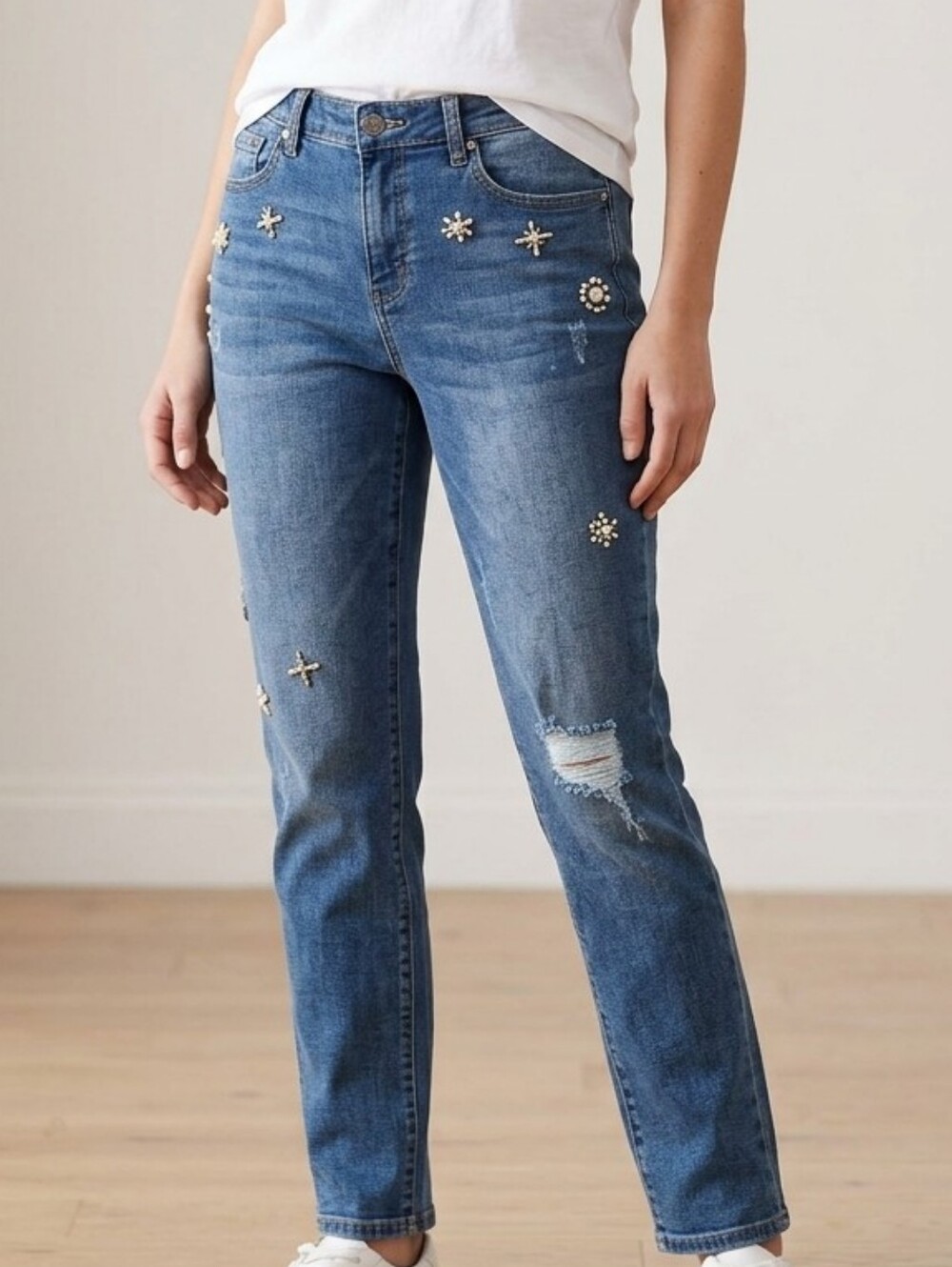JONES STUDIO Embelished Distressed Girlfriend Jeans